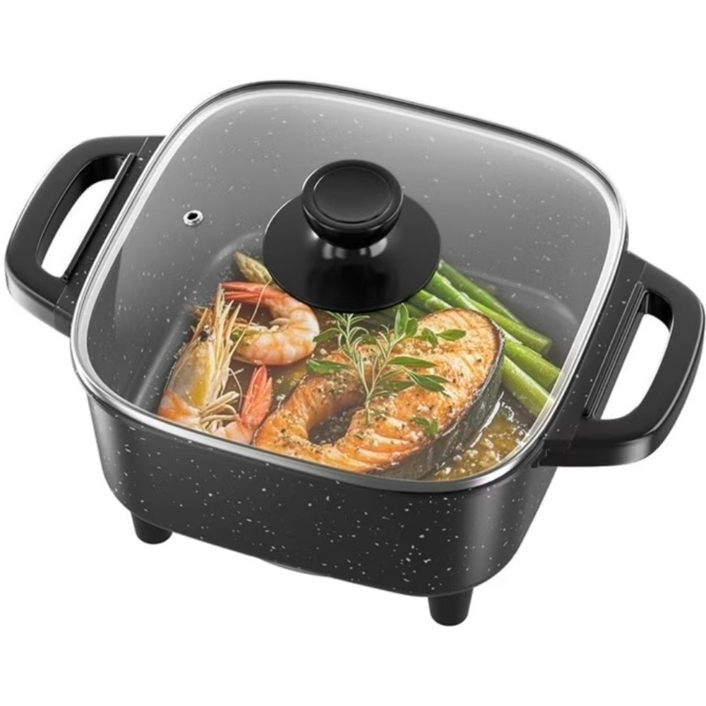 Electric Square Frying Pan Non-Stick Granite Coating Adjustable Temp Glass Lid